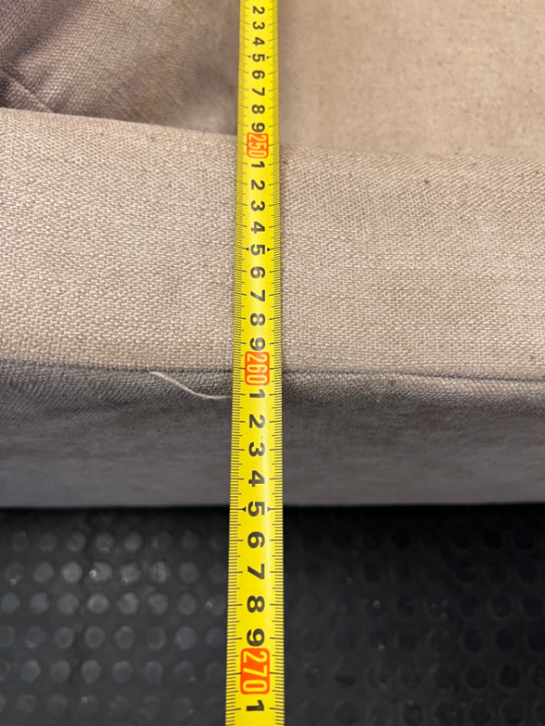Neutral Fabric L-Shape Sectional Couch with Wooden Base — Well Used L-Shape Couch – depth measurement