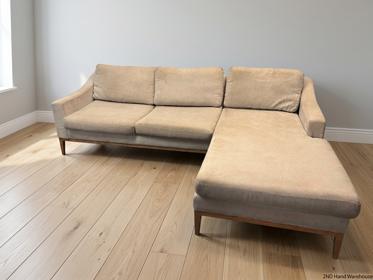 Neutral Fabric L-Shape Sectional Couch with Wooden Base — Well Used L-Shape Couch – styled product image