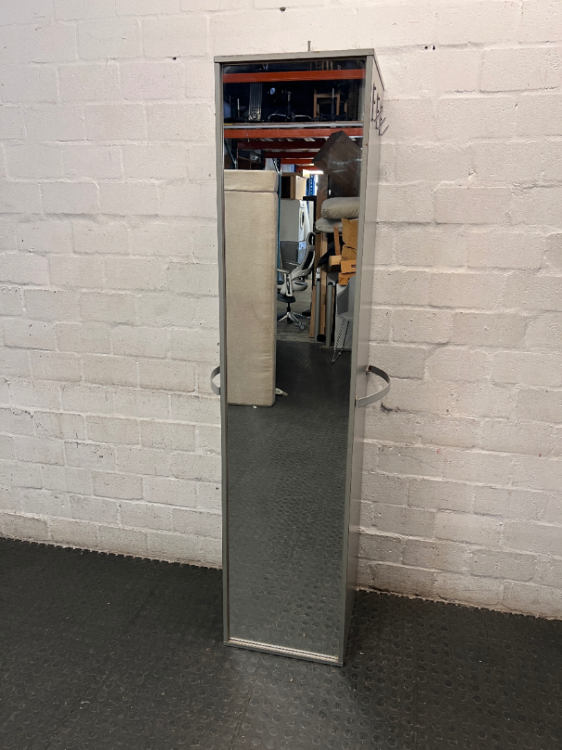Tall Grey Bookshelf with Bottom Cupboard — Fair Condition with Minor Surface Marks – back view