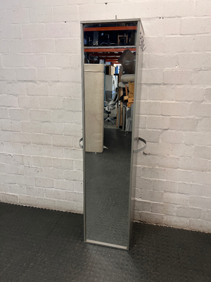 Tall Grey Bookshelf with Bottom Cupboard — Fair Condition with Minor Surface Marks – back view