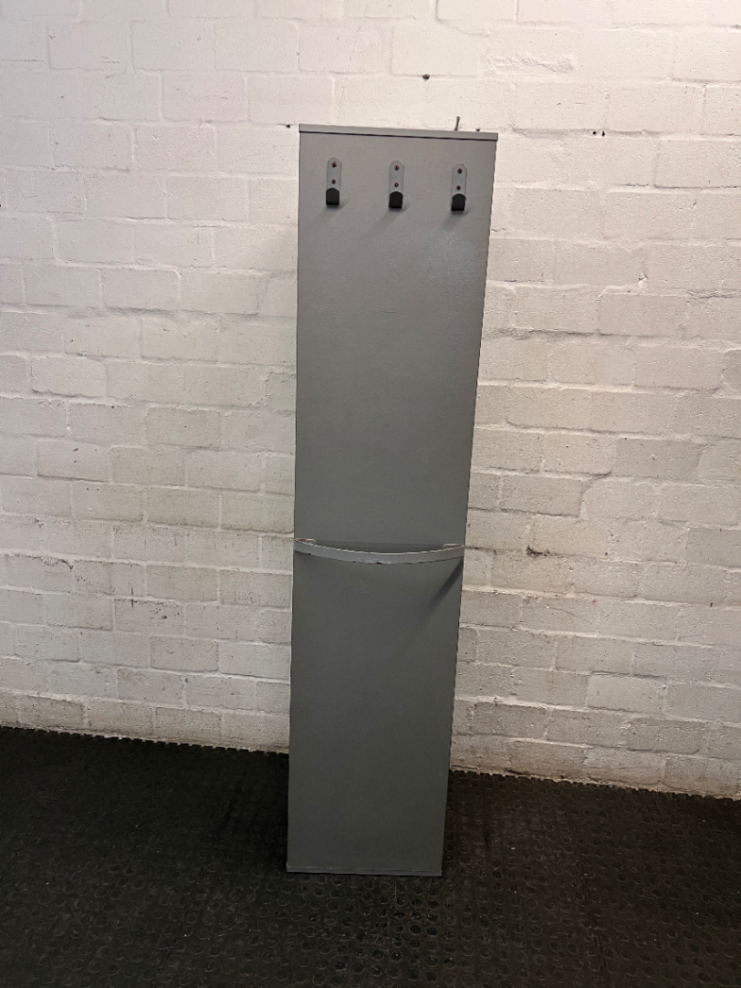 Tall Grey Bookshelf with Bottom Cupboard — Fair Condition with Minor Surface Marks – condition detail