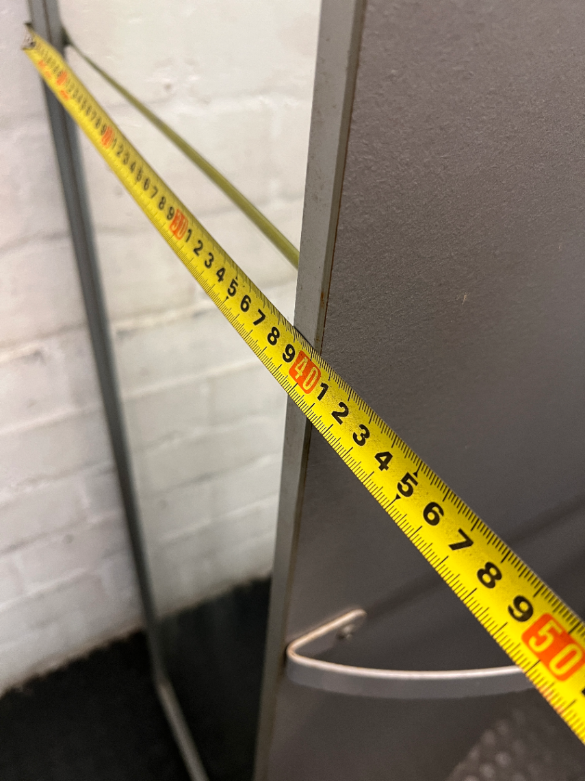 Tall Grey Bookshelf with Bottom Cupboard — Fair Condition with Minor Surface Marks – depth measurement