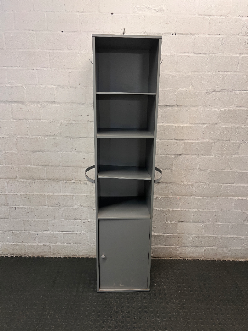 Tall Grey Bookshelf with Bottom Cupboard — Fair Condition with Minor Surface Marks – main front view