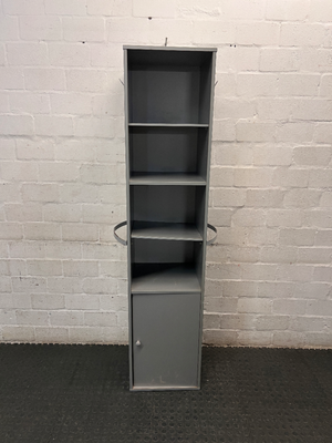 Tall Grey Bookshelf with Bottom Cupboard — Fair Condition with Minor Surface Marks – main front view