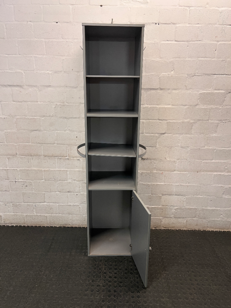 Tall Grey Bookshelf with Bottom Cupboard — Fair Condition with Minor Surface Marks – side view