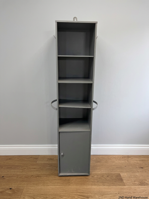 Tall Grey Bookshelf with Bottom Cupboard — Fair Condition with Minor Surface Marks – styled product image
