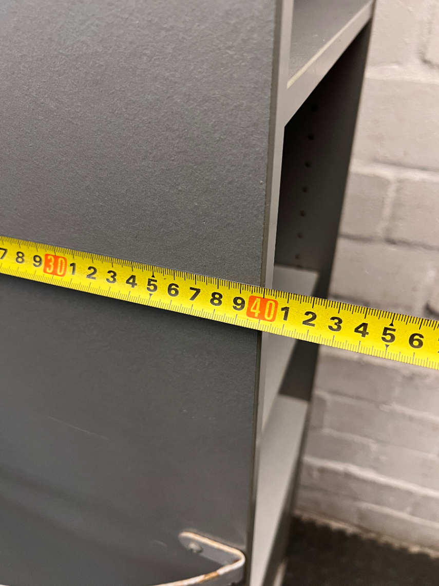 Tall Grey Bookshelf with Bottom Cupboard — Fair Condition with Minor Surface Marks – width measurement