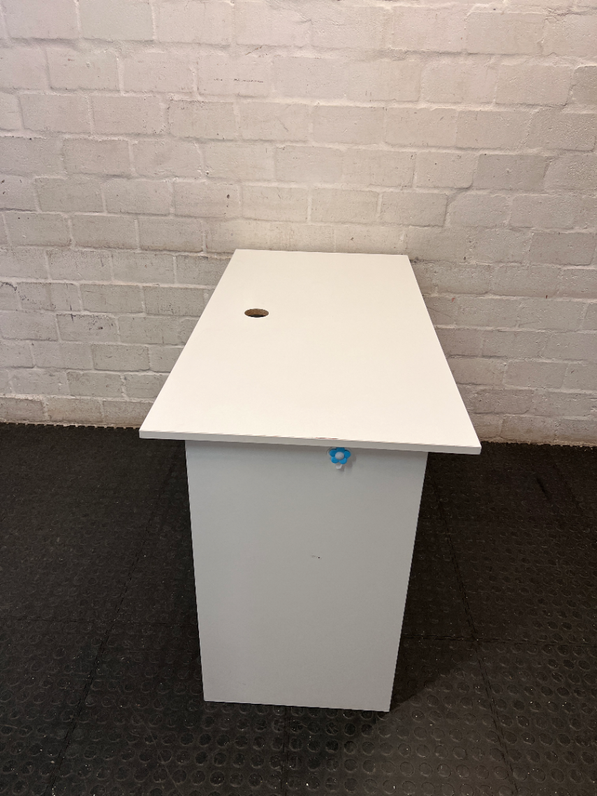 Minimalist White Office Desk with Cable Management — Fair Used Condition – back view