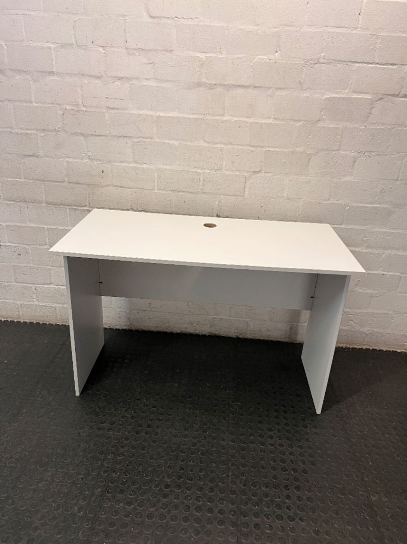 Minimalist White Office Desk with Cable Management — Fair Used Condition – main front view