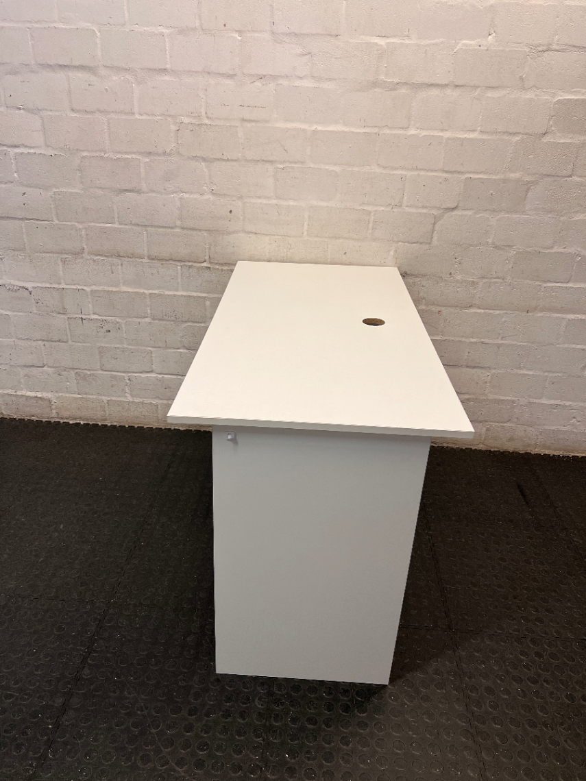 Minimalist White Office Desk with Cable Management — Fair Used Condition – side view