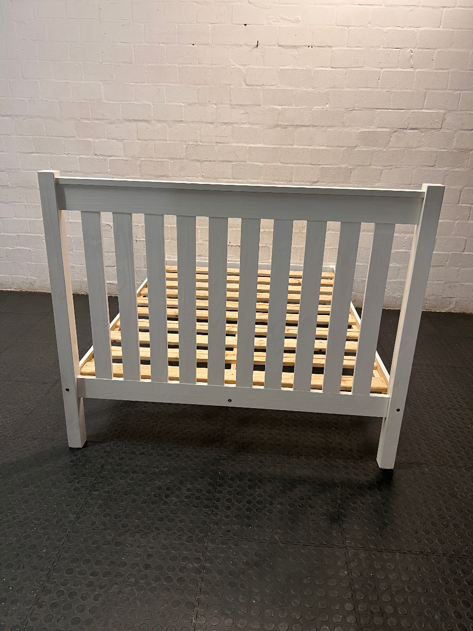 White Wooden Double Bed Frame with Slatted Headboard — Fair Condition with General Wear – back view