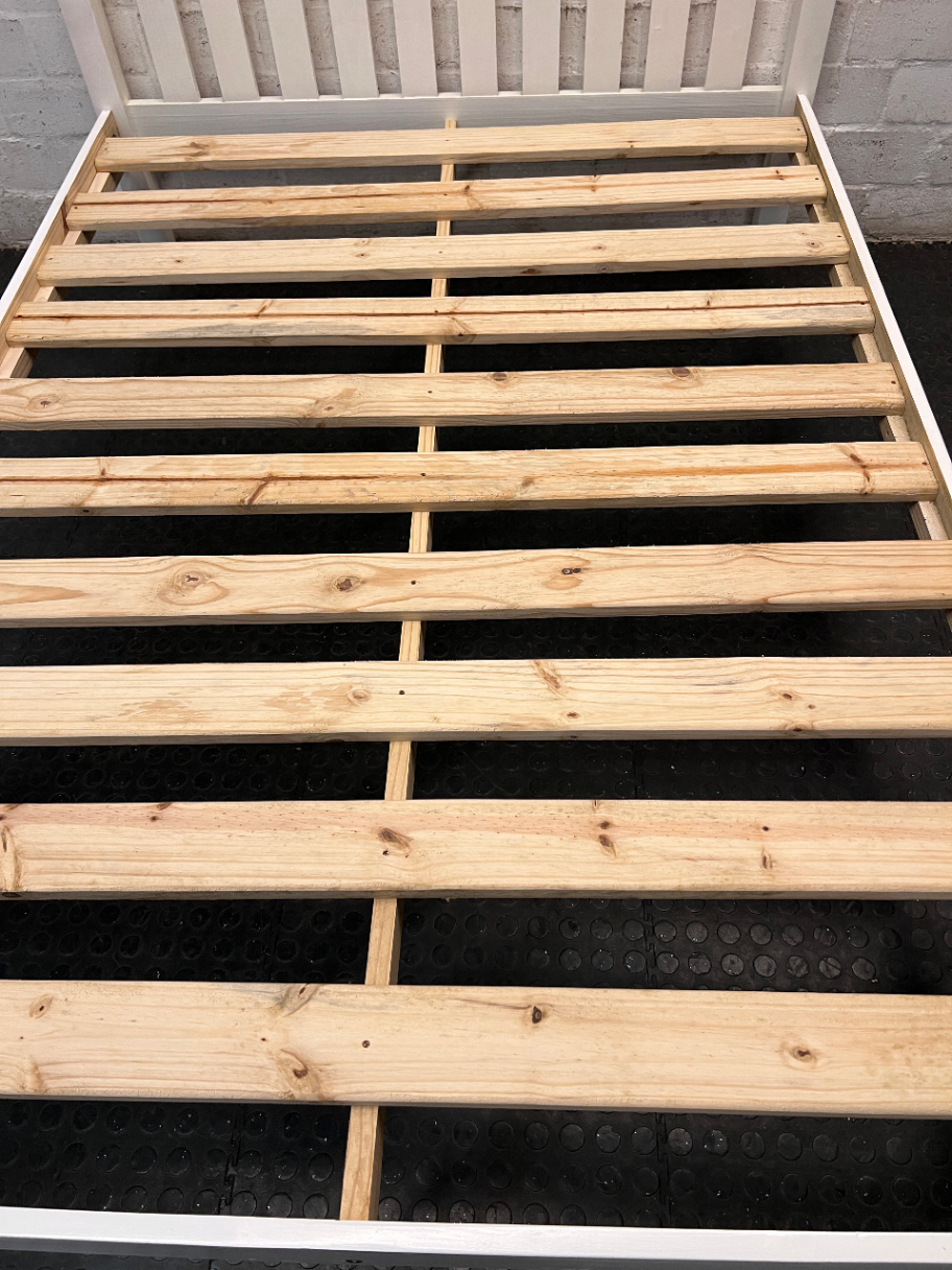 White Wooden Double Bed Frame with Slatted Headboard — Fair Condition with General Wear – condition detail