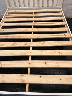 White Wooden Double Bed Frame with Slatted Headboard — Fair Condition with General Wear – condition detail