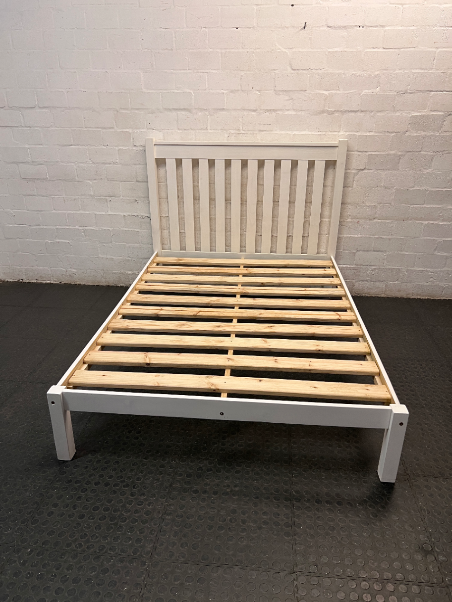 White Wooden Double Bed Frame with Slatted Headboard — Fair Condition with General Wear – main front view