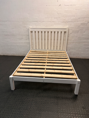 White Wooden Double Bed Frame with Slatted Headboard — Fair Condition with General Wear – main front view