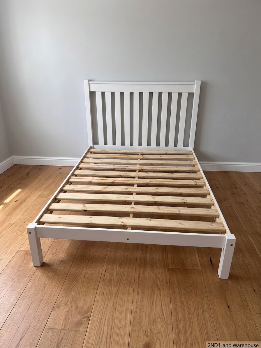 White Wooden Double Bed Frame with Slatted Headboard — Fair Condition with General Wear – styled product image