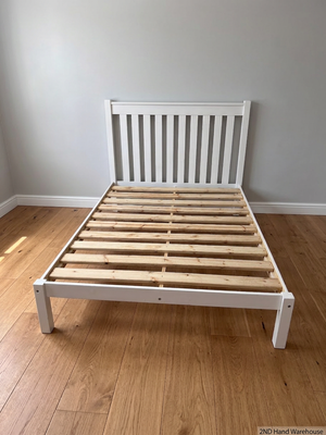 White Wooden Double Bed Frame with Slatted Headboard — Fair Condition with General Wear – styled product image