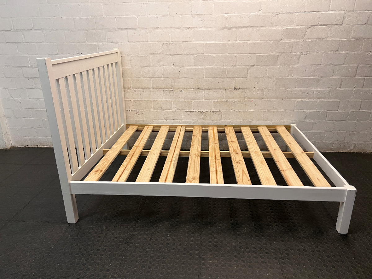 White Wooden Double Bed Frame with Slatted Headboard — Fair Condition with General Wear – top view