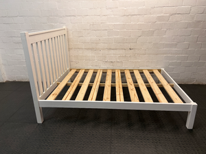 White Wooden Double Bed Frame with Slatted Headboard — Fair Condition with General Wear – top view