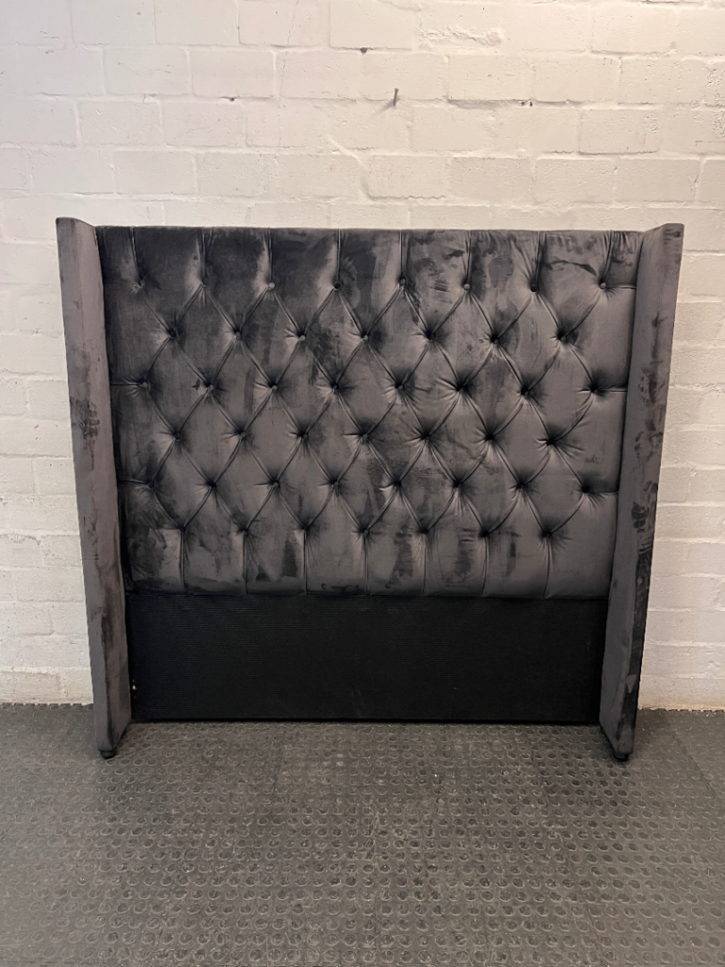 Tufted Grey Velvet Wingback Headboard — Well Used Condition – main front view