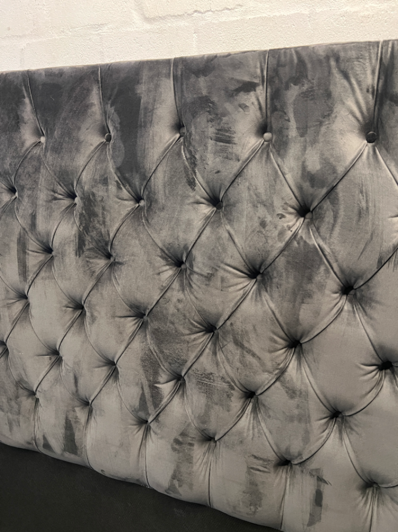 Tufted Grey Velvet Wingback Headboard — Well Used Condition – side view