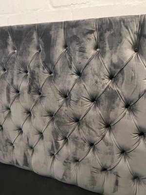 Tufted Grey Velvet Wingback Headboard — Well Used Condition – side view