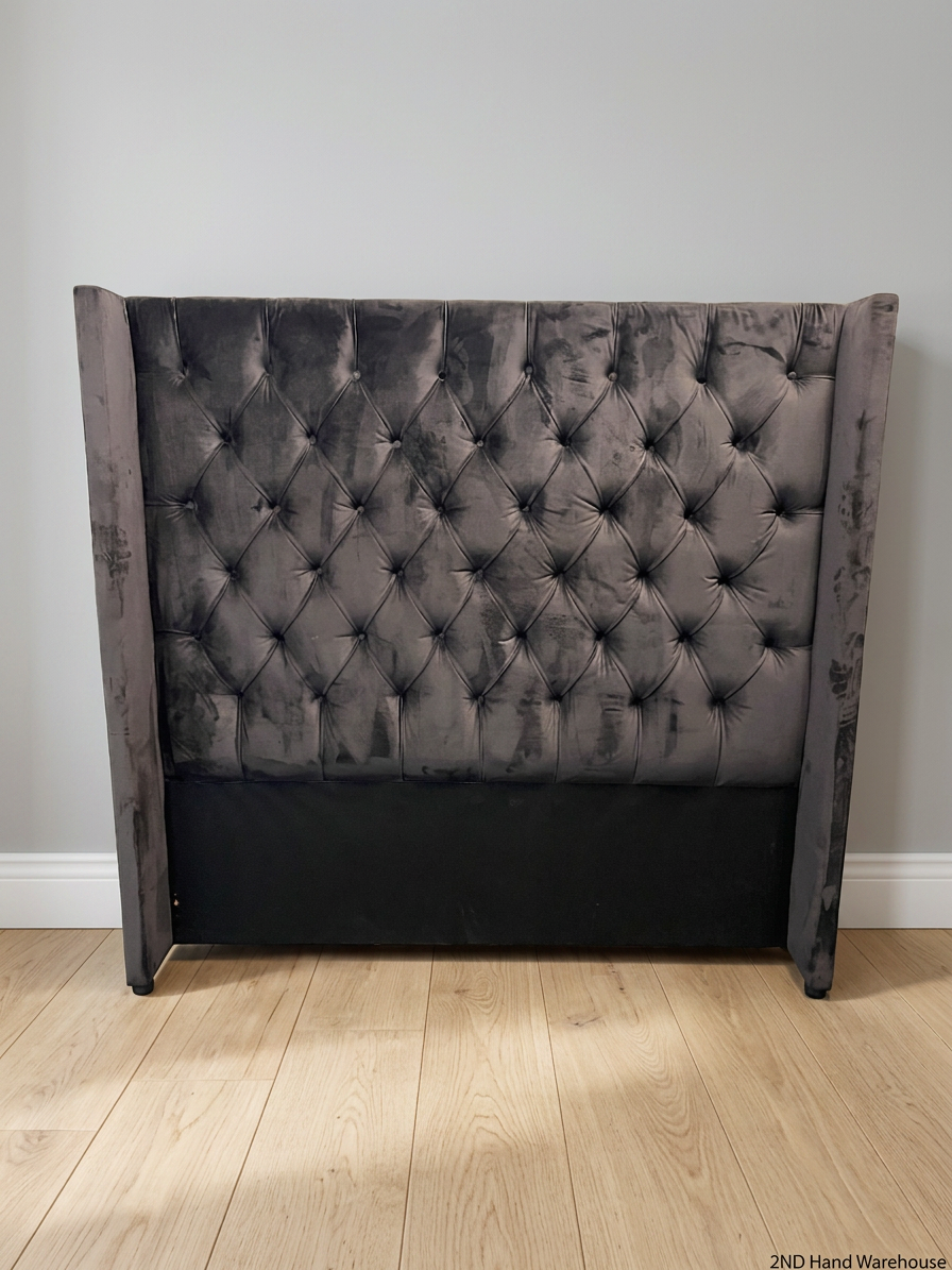 Tufted Grey Velvet Wingback Headboard — Well Used Condition – styled product image