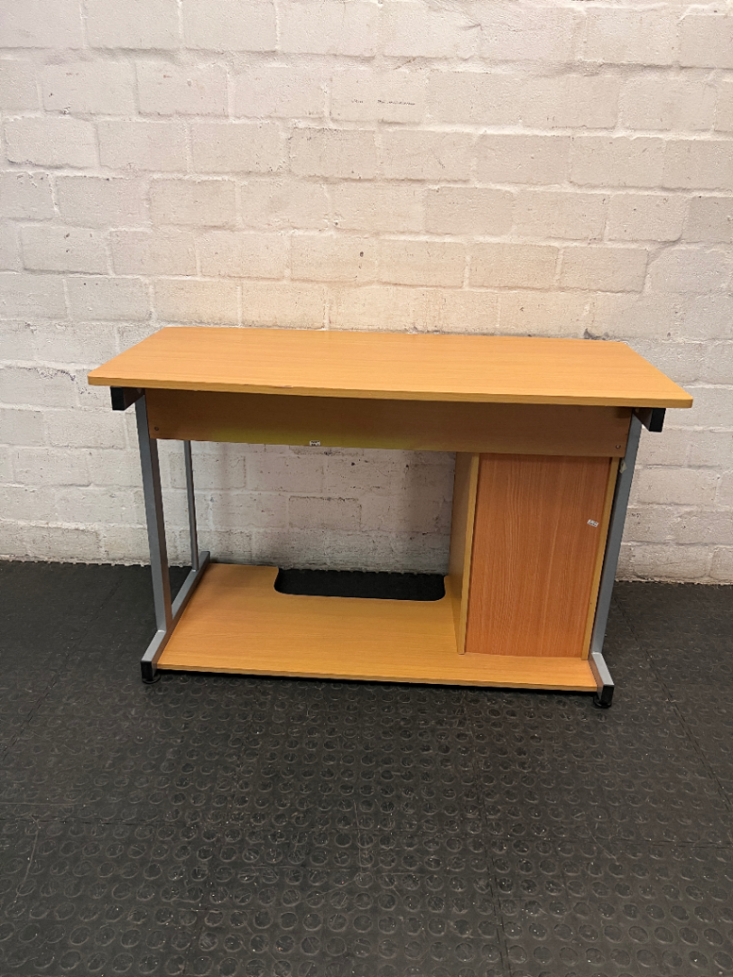 Oak Finish Office Desk with Keyboard Tray and Drawers — Great Condition – back view