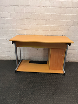 Oak Finish Office Desk with Keyboard Tray and Drawers — Great Condition – back view