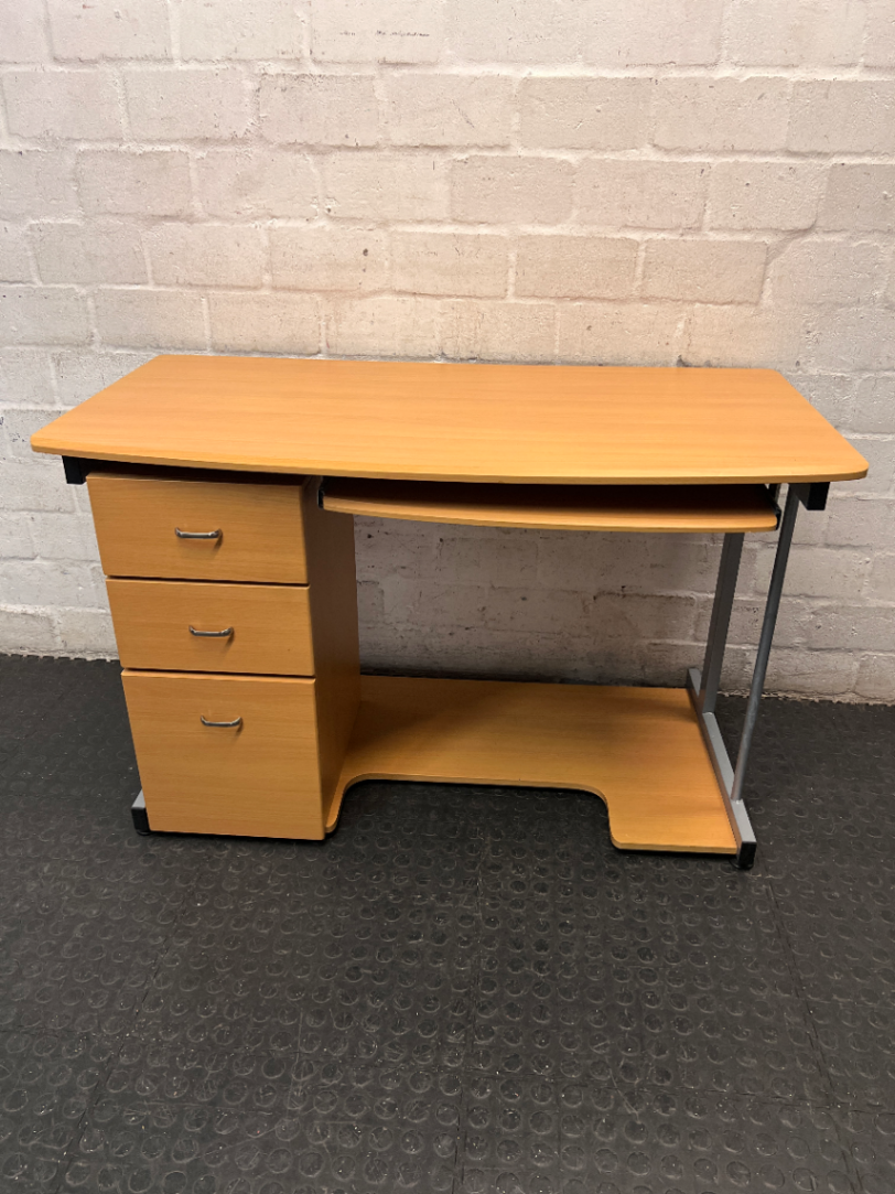 Oak Finish Office Desk with Keyboard Tray and Drawers — Great Condition – main front view
