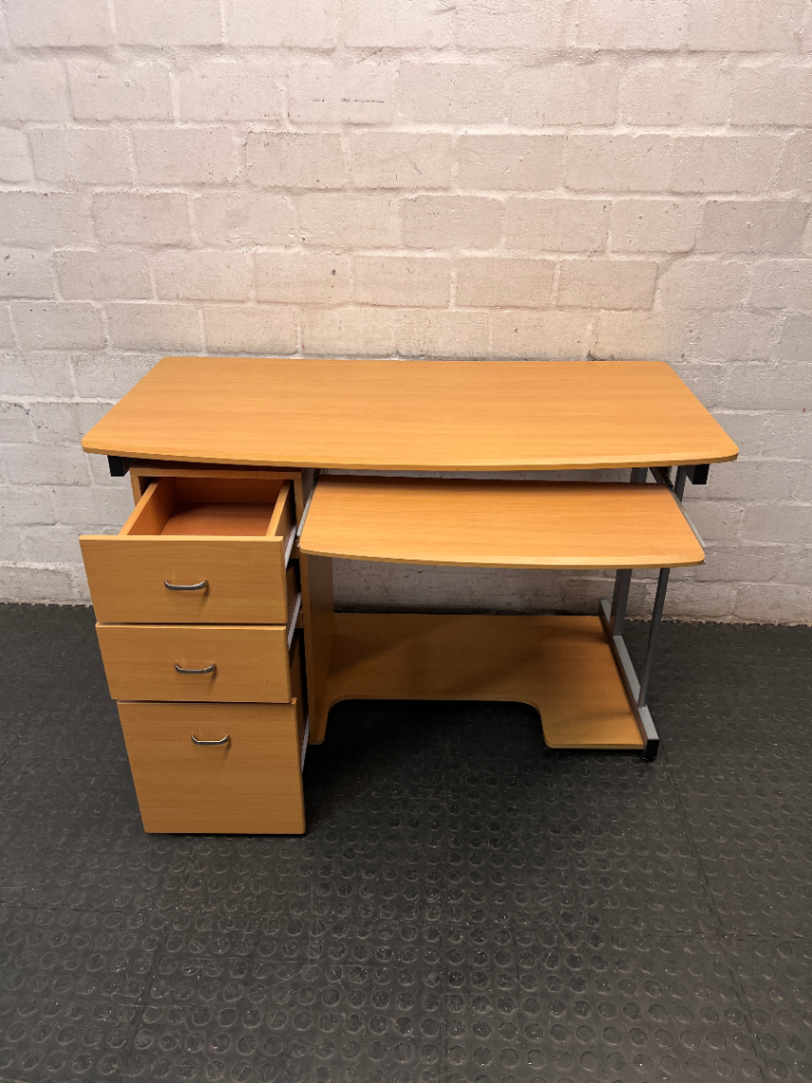 Oak Finish Office Desk with Keyboard Tray and Drawers — Great Condition – side view