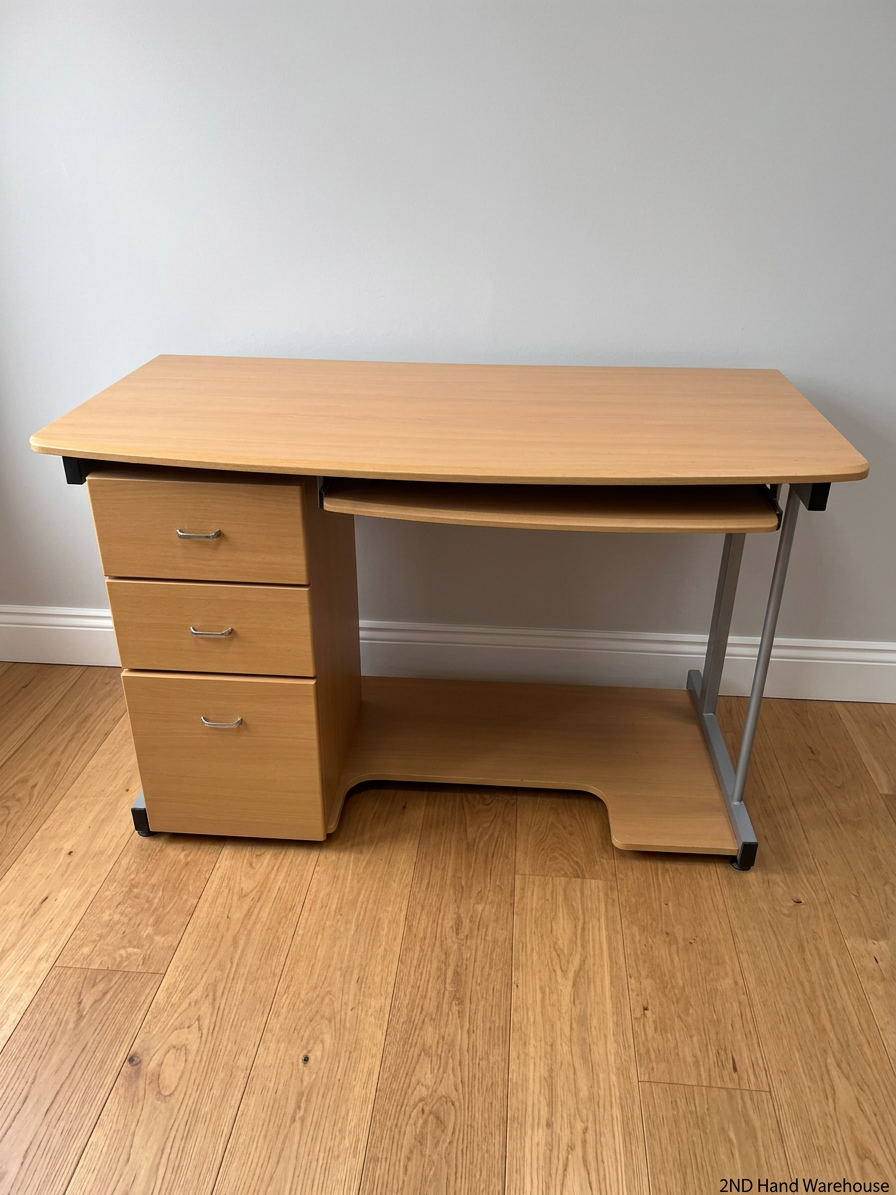 Oak Finish Office Desk with Keyboard Tray and Drawers — Great Condition – styled product image