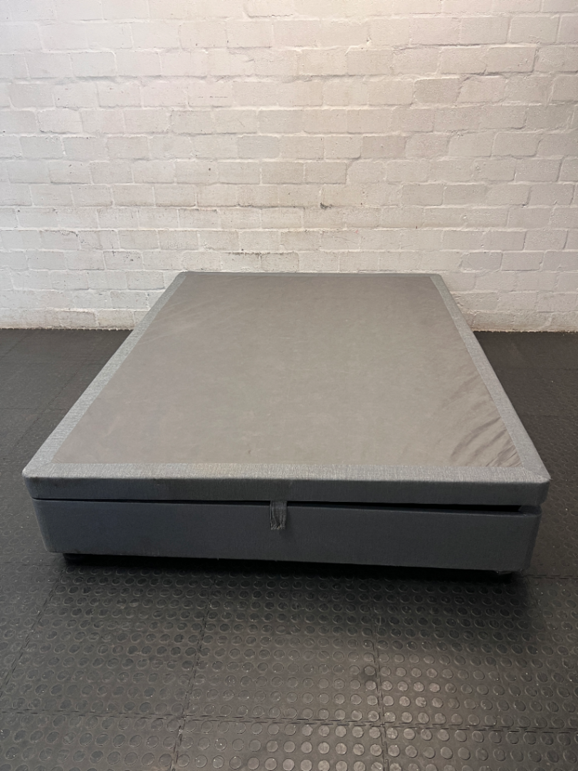 Queen Size Upholstered Fabric Bed Base — Well Used Condition – main front view