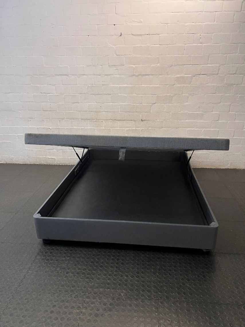 Queen Size Upholstered Fabric Bed Base — Well Used Condition – side view