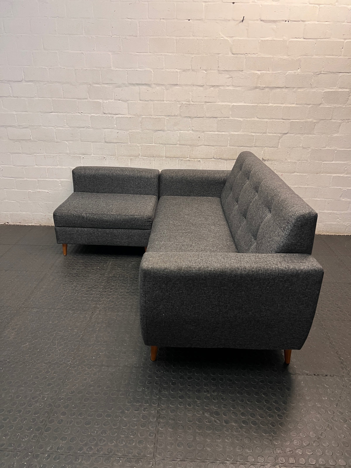 Custom Charcoal Grey L-Shaped Fabric Couch — Slightly Sagging Seat Foam – side view