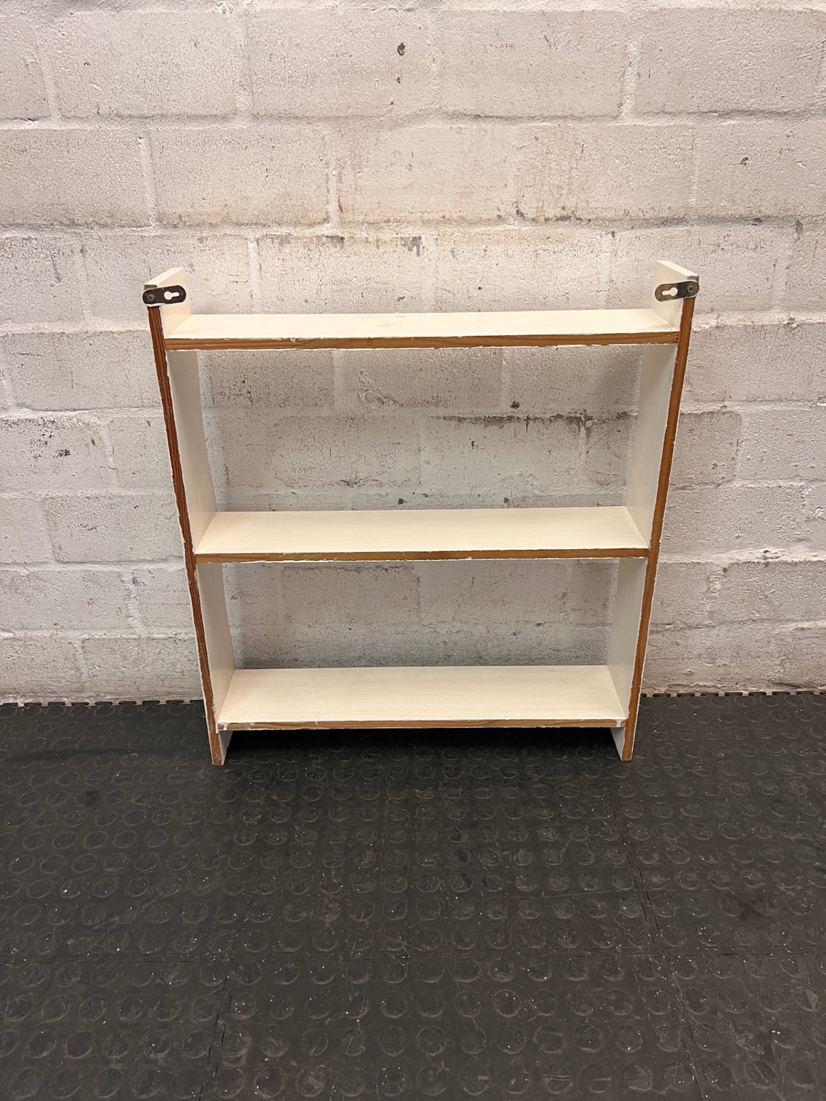 White Wooden Wall-Mounted Display Shelf — Well Used Condition – condition detail