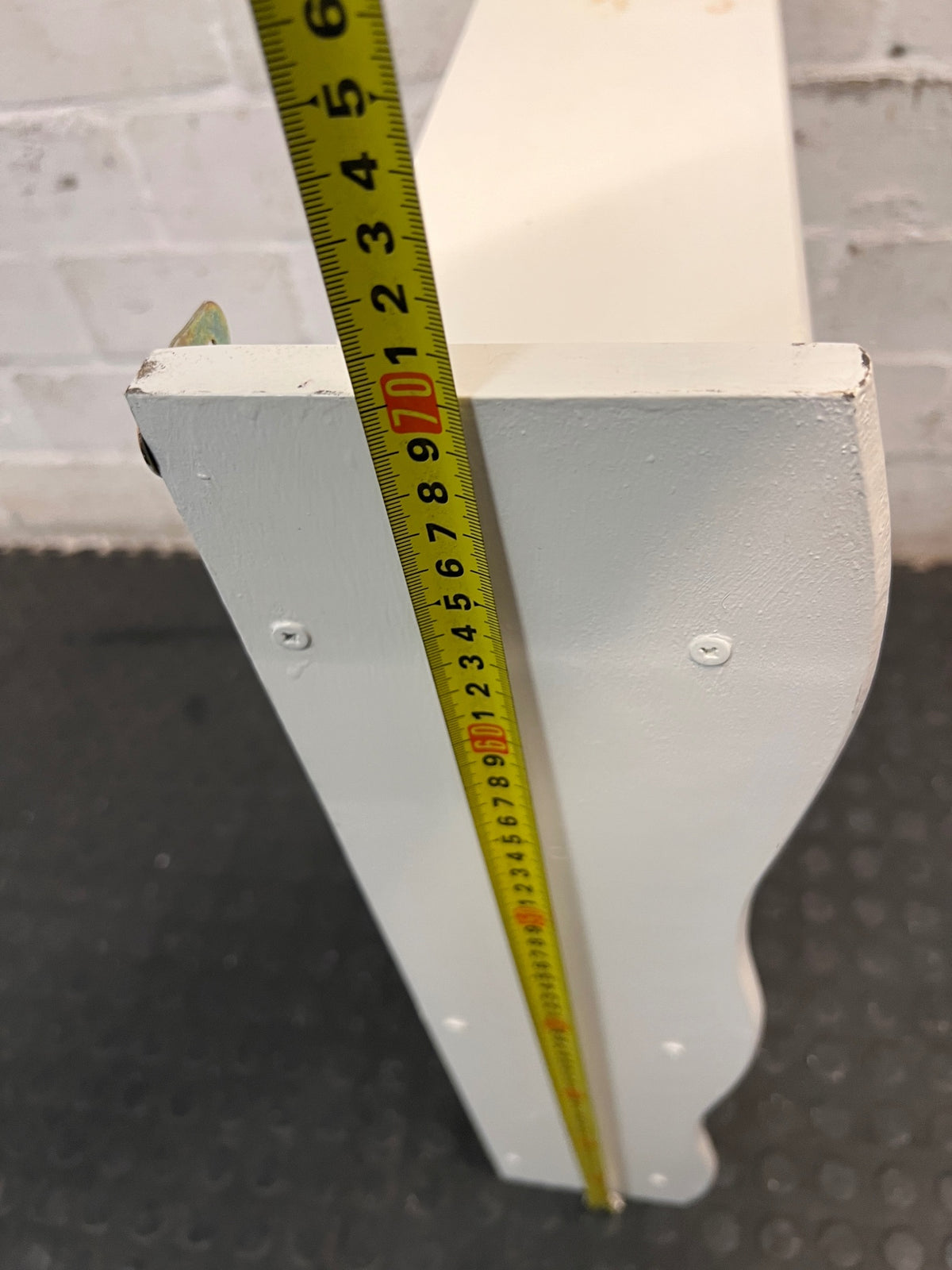 White Wooden Wall-Mounted Display Shelf — Well Used Condition – height measurement