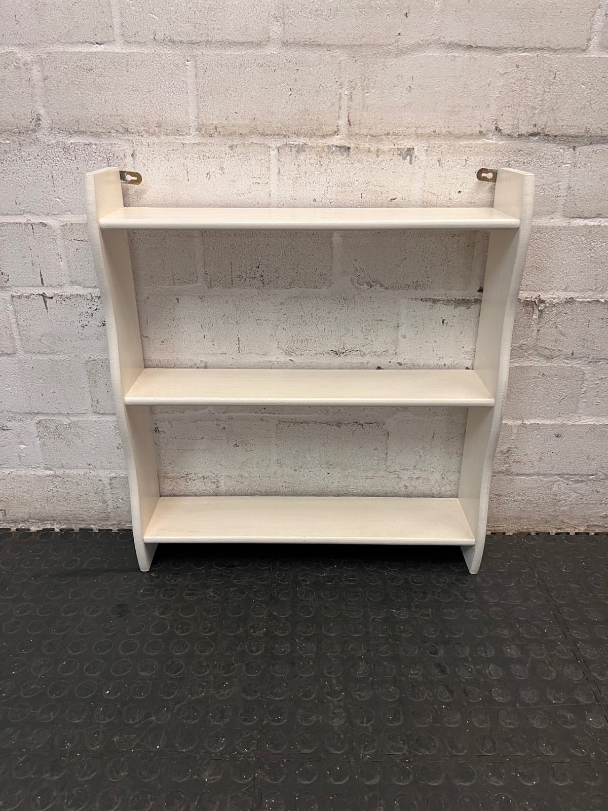 White Wooden Wall-Mounted Display Shelf — Well Used Condition – main front view