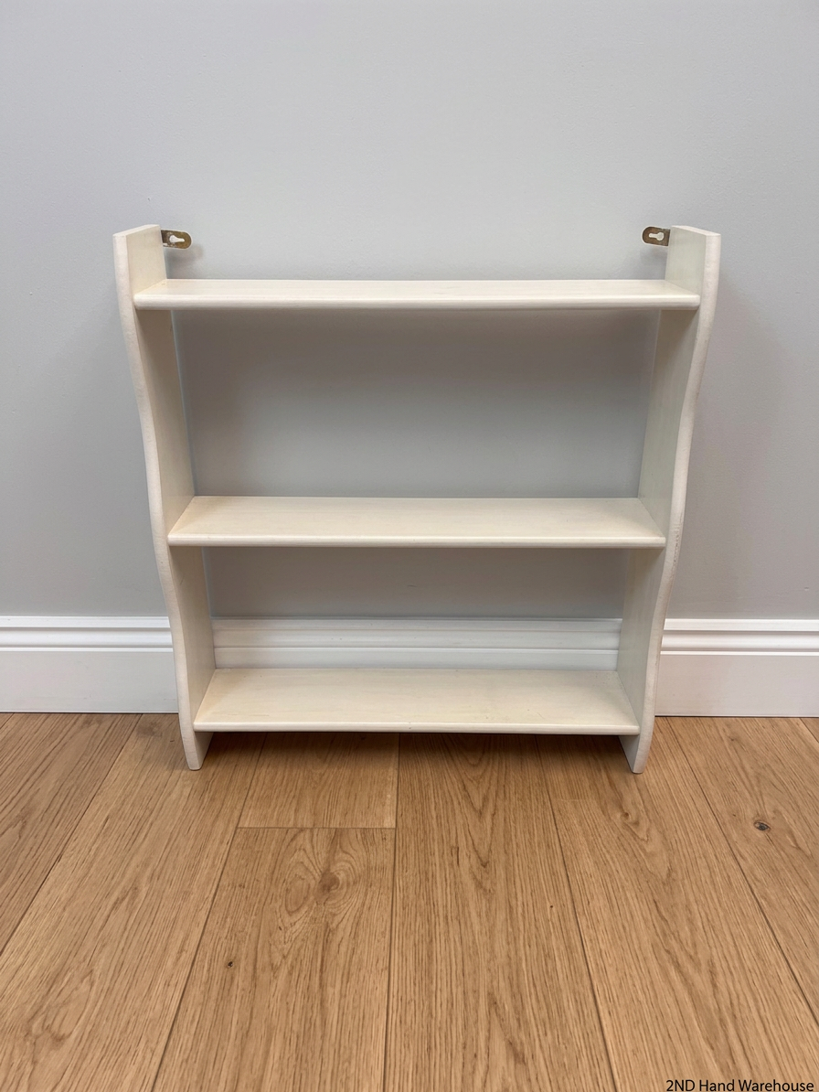 White Wooden Wall-Mounted Display Shelf — Well Used Condition – styled product image
