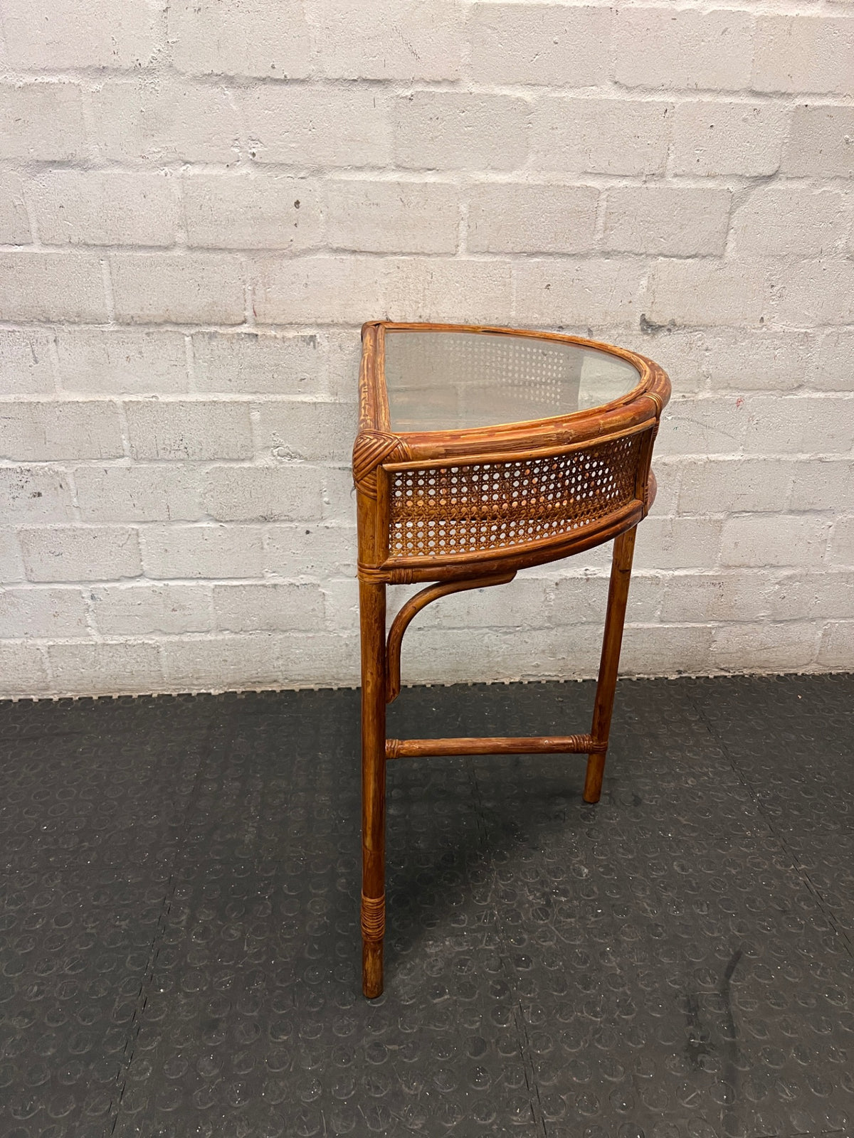 Bamboo-Style Semi-Circle Console Table with Glass Top — Fair Condition with Signs of Wear – back view