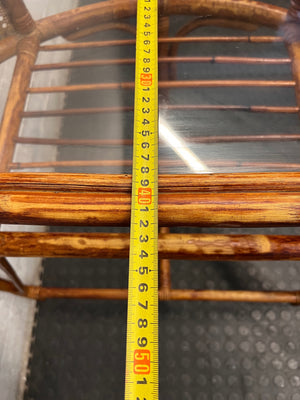 Bamboo-Style Semi-Circle Console Table with Glass Top — Fair Condition with Signs of Wear – depth measurement