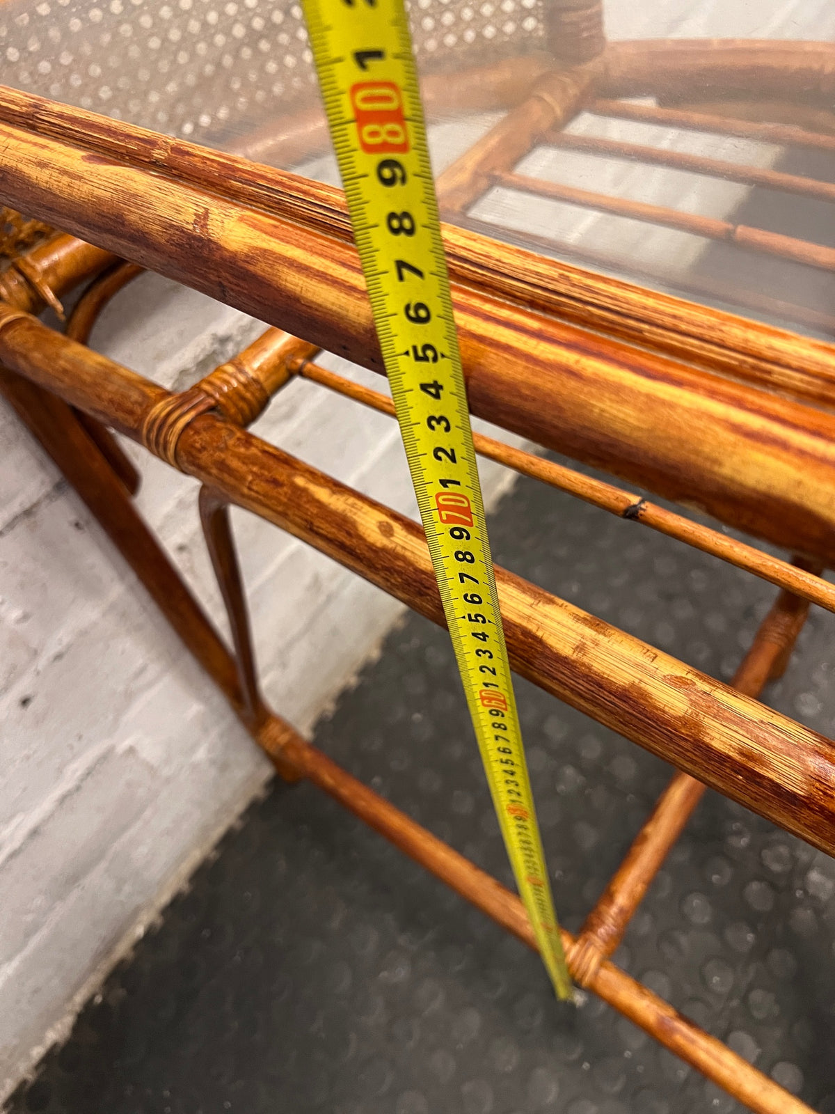 Bamboo-Style Semi-Circle Console Table with Glass Top — Fair Condition with Signs of Wear – height measurement