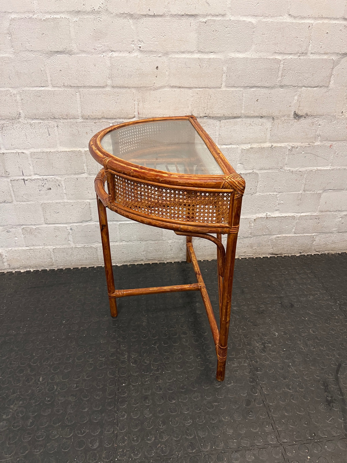 Bamboo-Style Semi-Circle Console Table with Glass Top — Fair Condition with Signs of Wear – side view