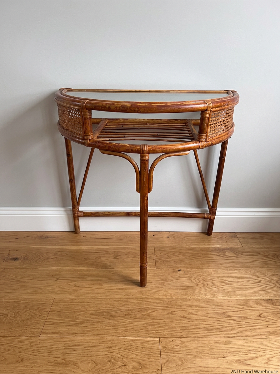 Bamboo-Style Semi-Circle Console Table with Glass Top — Fair Condition with Signs of Wear – styled product image