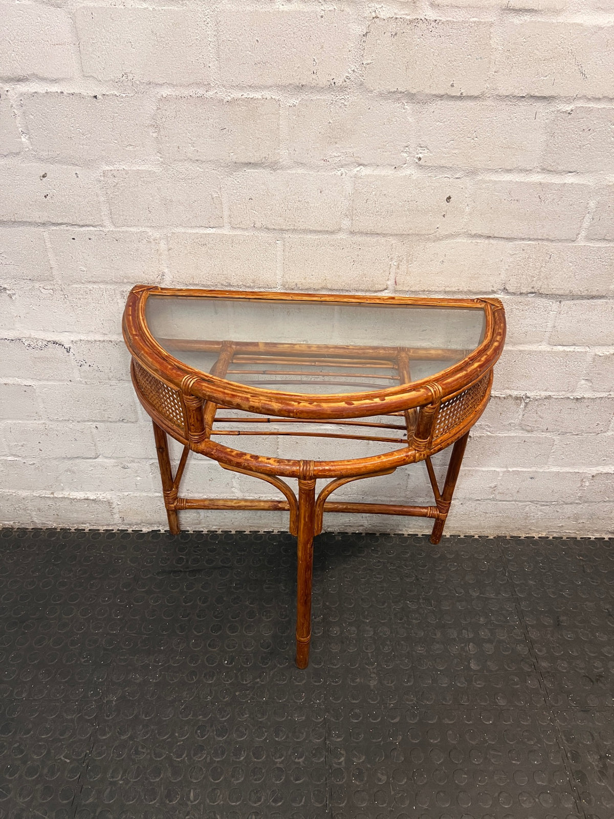 Bamboo-Style Semi-Circle Console Table with Glass Top — Fair Condition with Signs of Wear – top view