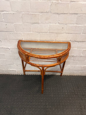 Bamboo-Style Semi-Circle Console Table with Glass Top — Fair Condition with Signs of Wear – top view