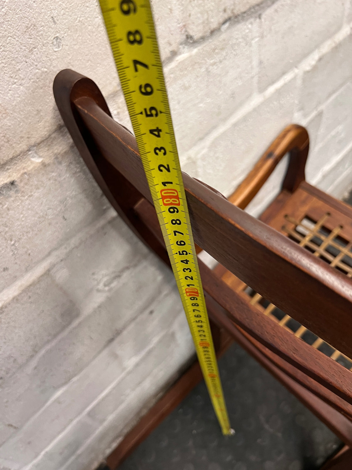 Carved Elephant Detail Wooden Rocking Chair — Good Working Order – height measurement