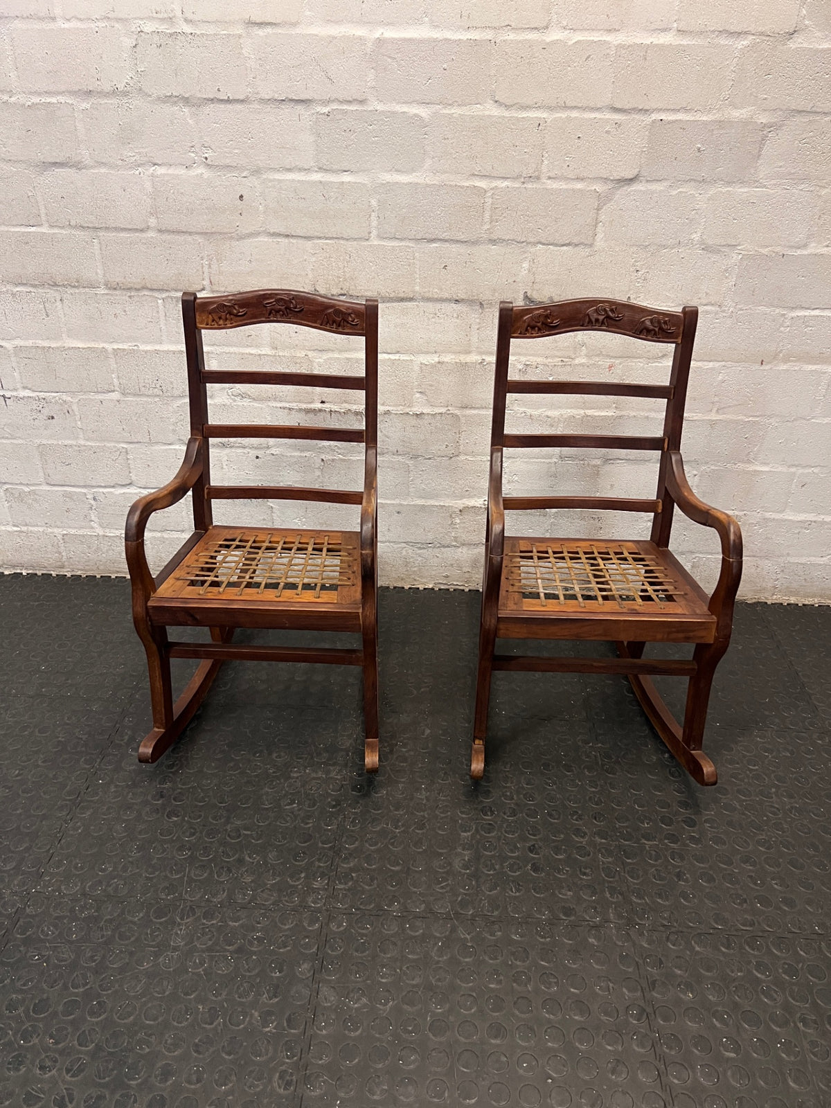 Carved Elephant Detail Wooden Rocking Chair — Good Working Order – side view
