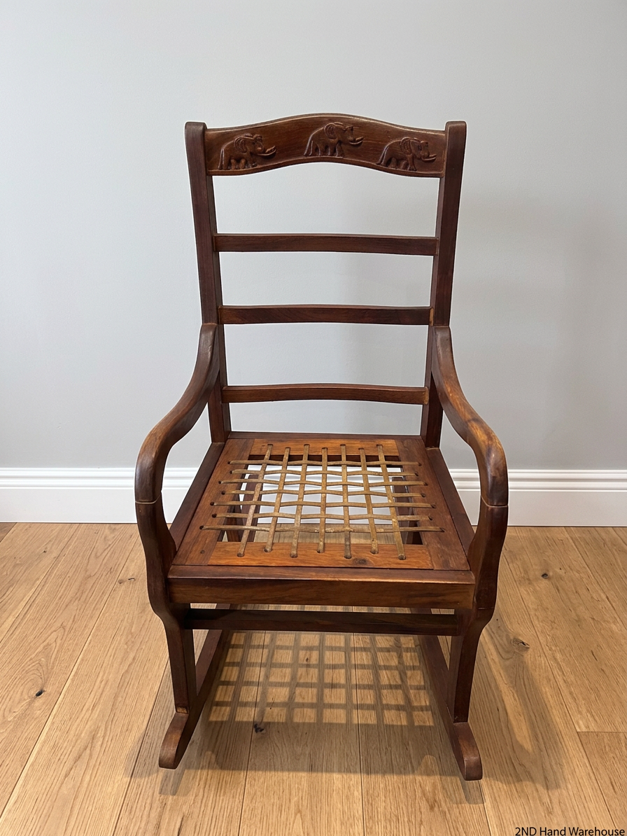 Carved Elephant Detail Wooden Rocking Chair — Good Working Order – styled product image