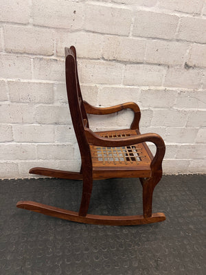 Carved Elephant Detail Wooden Rocking Chair — Good Working Order – top view